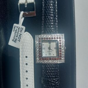 Genuine Red Garnet & White Topaz Leather Band Watch